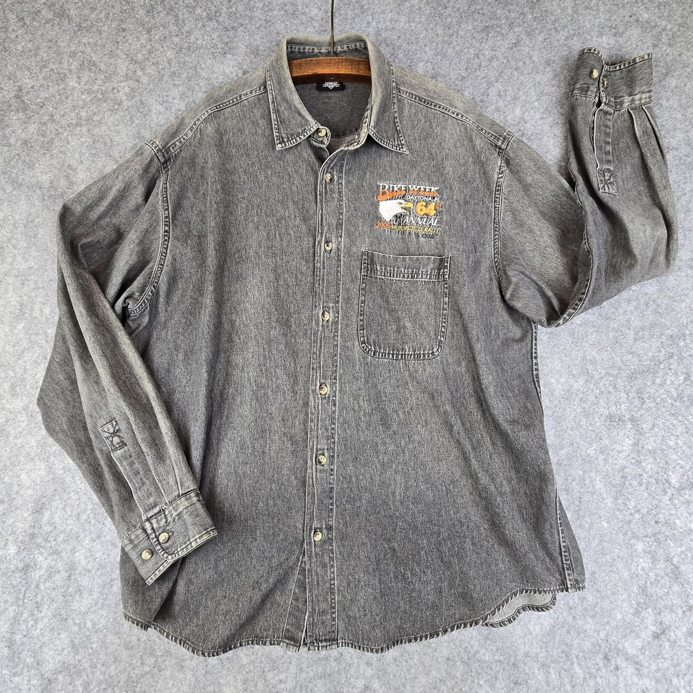 Vtg American Biker Daytona‎ Bike Week Denim Shirt Mens 2XL Gray Button Up Y2K